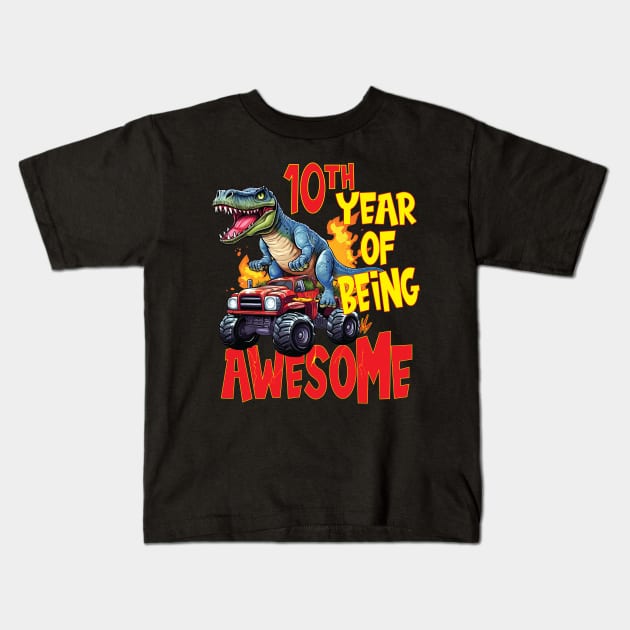 10th Year of Being Awesome 10 yr Birthday Truck Dinosaur Boy Girl 10 Years Old Kids T-Shirt by Envision Styles